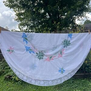 Vintage Hand Cross-Stitched Round Tablecloth 64” White Lace Trim Cottagecore
